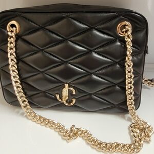 Jimmy Choo Farone Black Nappa Leather Shoulder Bag, 10"L x 8"W.